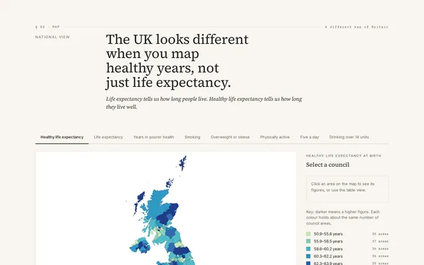 UK map shaded by healthy life expectancy